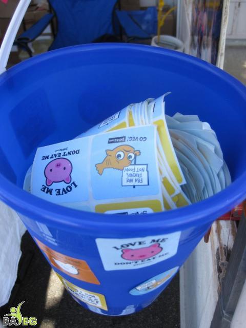 Bucket of PETA stickers -- these are crazy popular with everyone