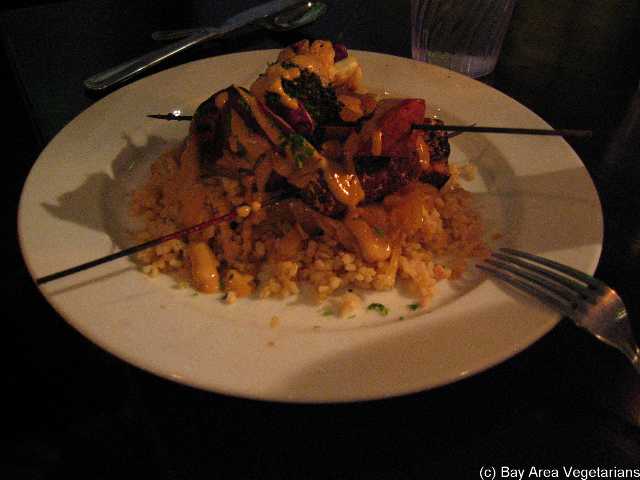 Urban Forage - Sultan's plate.  Three separate skewers of tempeh, sweet potato, and grilled vegetables.
