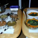 (left) leek soup, pesto pasta ribbons, yummy gravy, and some type of "traditional" beans