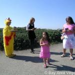Tammy in chicken costume with Elizabeth leafleting