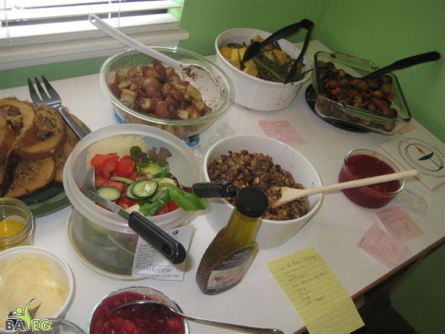 Green Salad, Roasted Potatoes, Tofu & Green Beans, Wild Rice stuffing, cranberry sauce, and more