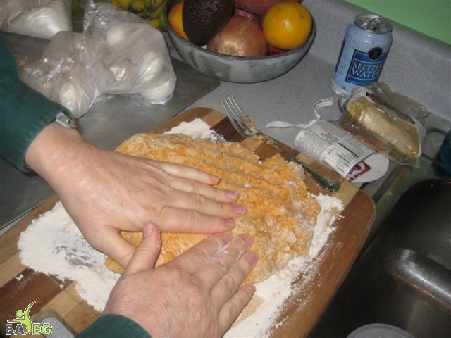 Ann, kneading the sweet potato biscuit dough