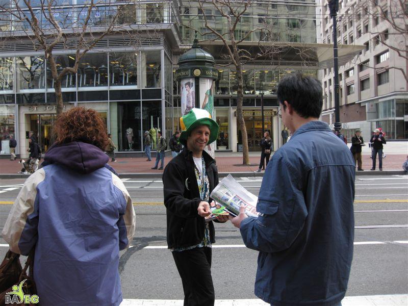Ari leafleting with PETA's Vegetarian Starter Kit